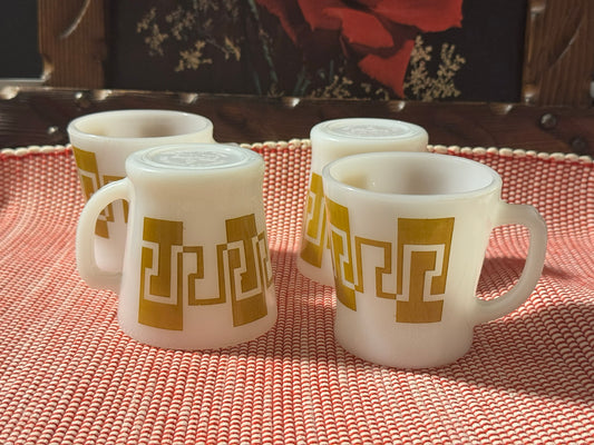Anchor Hocking Fire-King Gold/Brown Greek Key Milk Glass Mugs