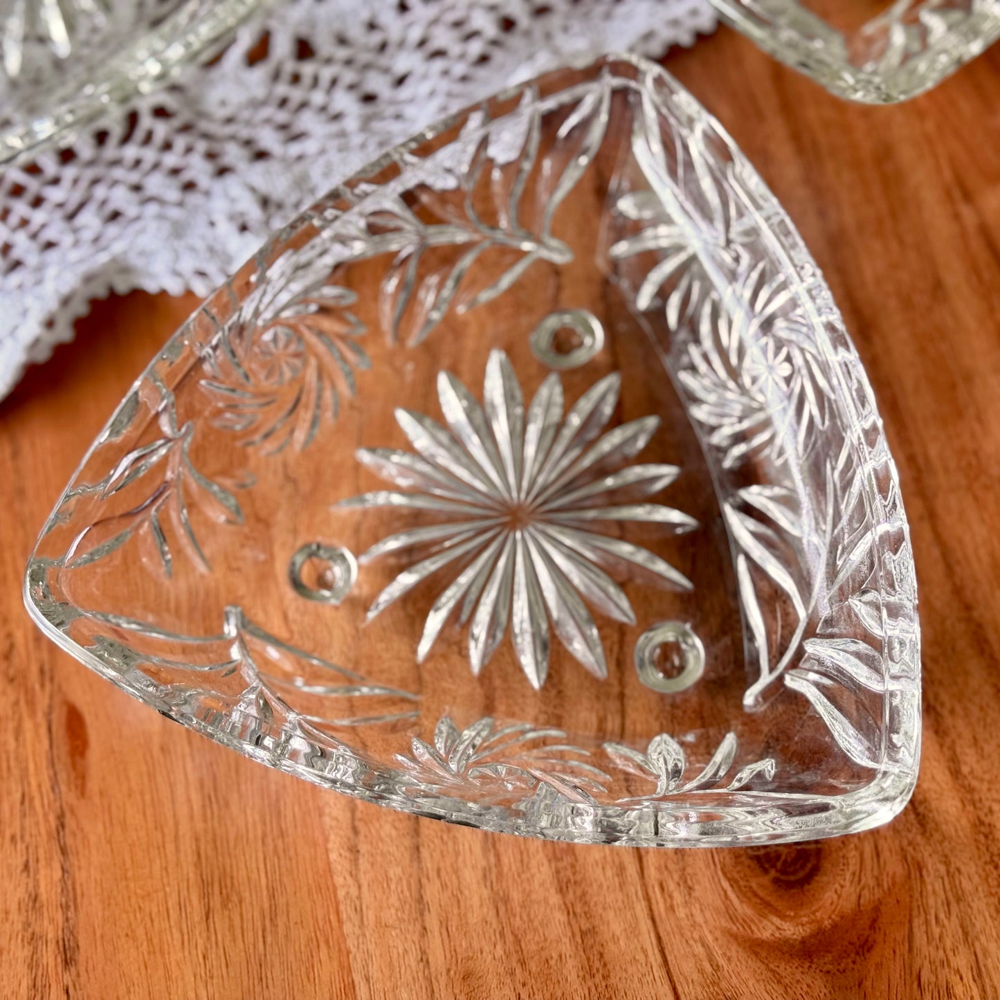 Vintage Hazel Atlas Triangle Footed Cut Glass Dish