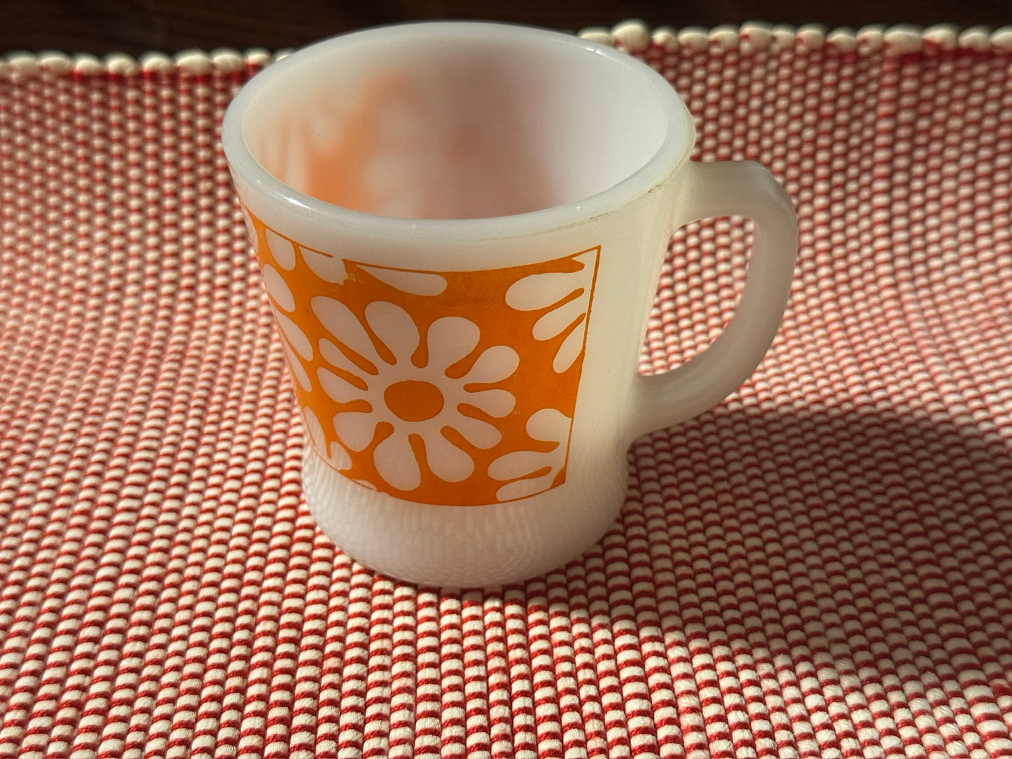 Anchor Hocking Fire-King Orange Flower Power Milk Glass Mug