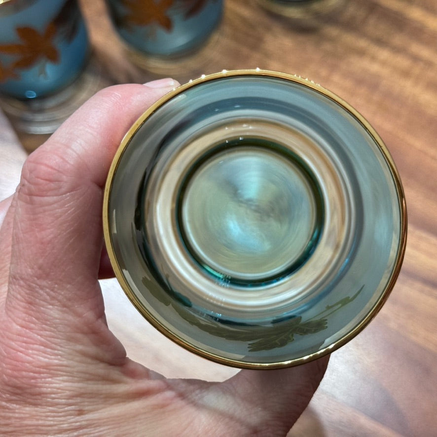 Bohemian Blue Glass with Gold Leaf Motif Design Tumblers