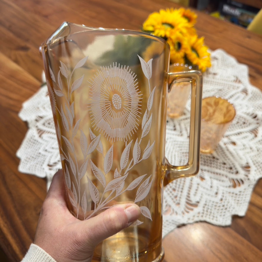 Jeannette Marigold Carnival Glass Pitcher & Glasses