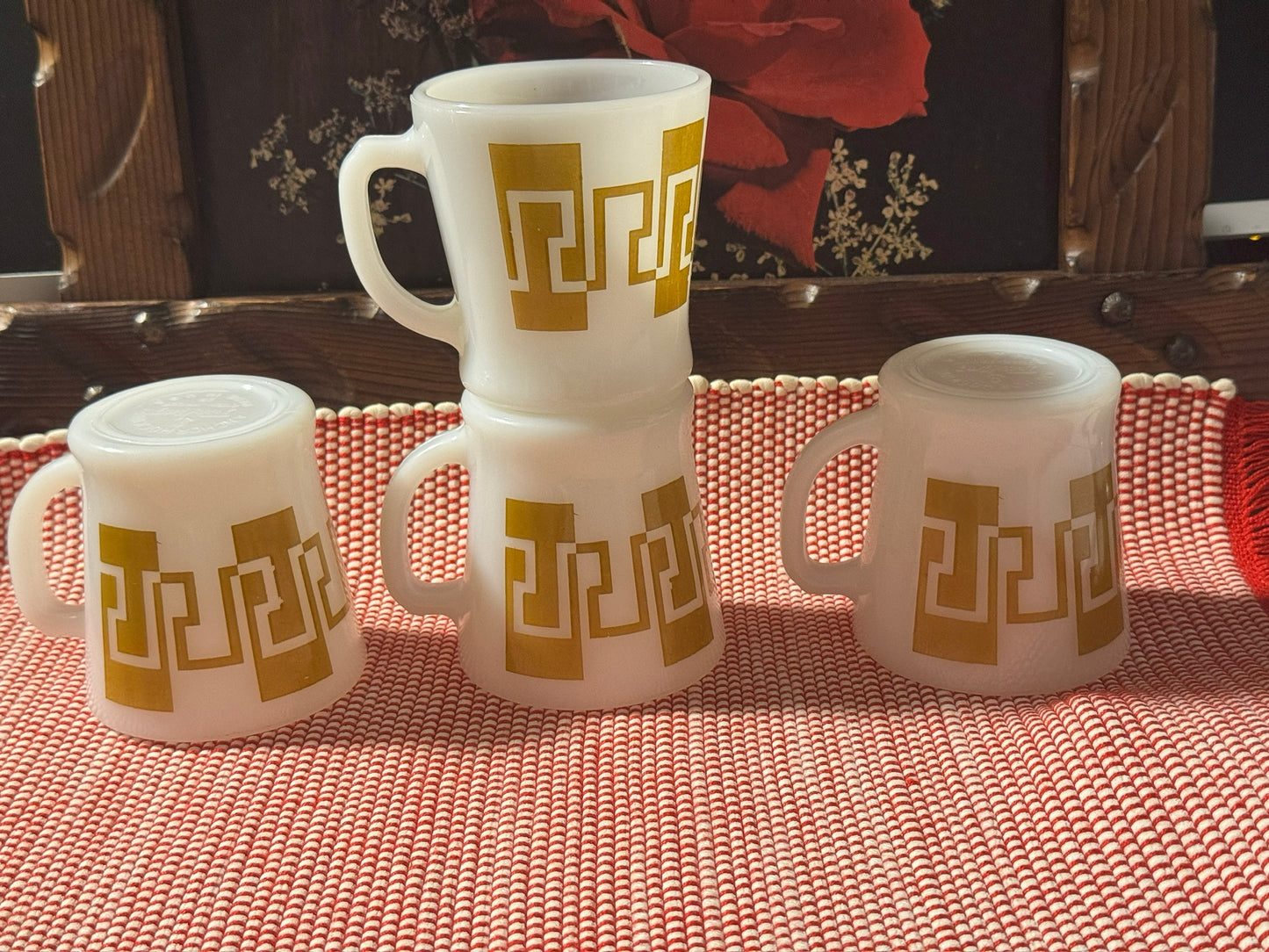 Anchor Hocking Fire-King Gold/Brown Greek Key Milk Glass Mugs