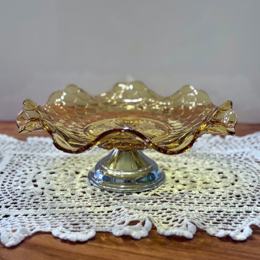 Amber Glass Bagley Footed Plate/Cake Stand Made In England