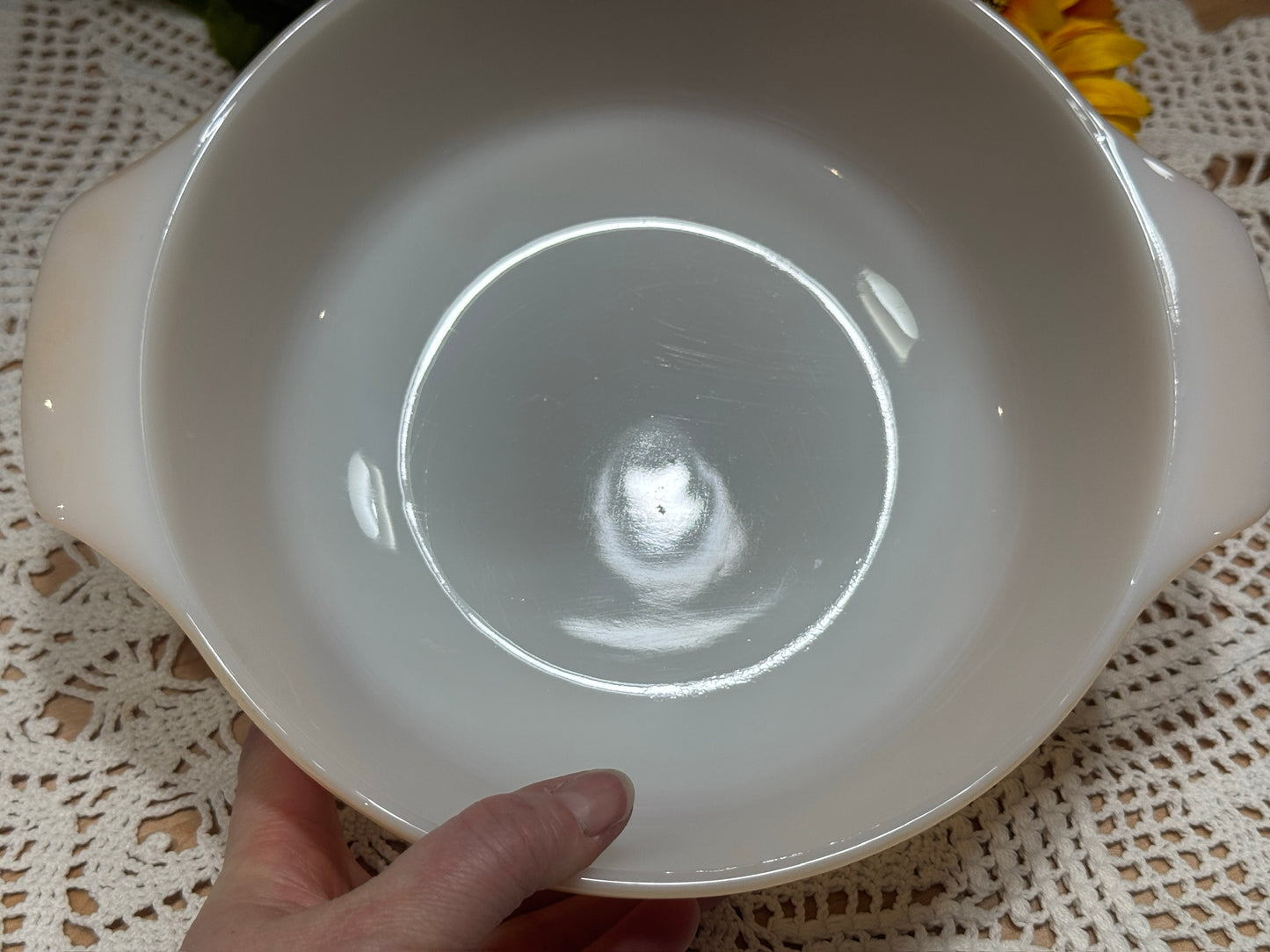 Anchor Hocking Fire-King Milk Glass Peach Lustre Round Casserole Dish
