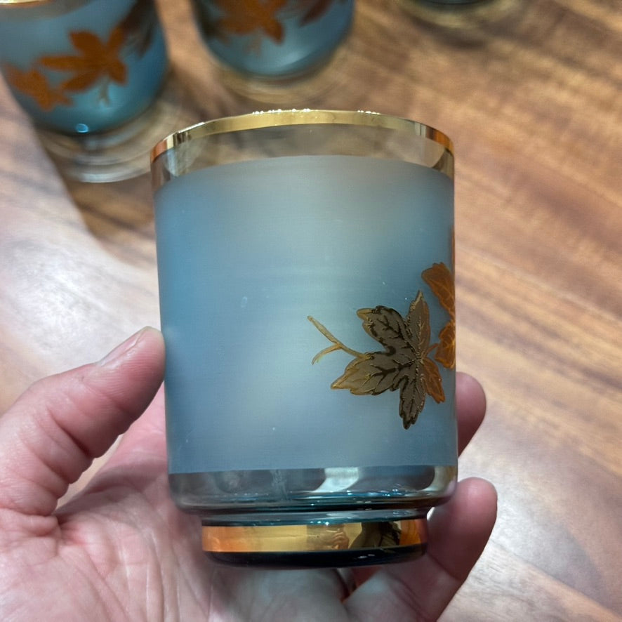 Bohemian Blue Glass with Gold Leaf Motif Design Tumblers