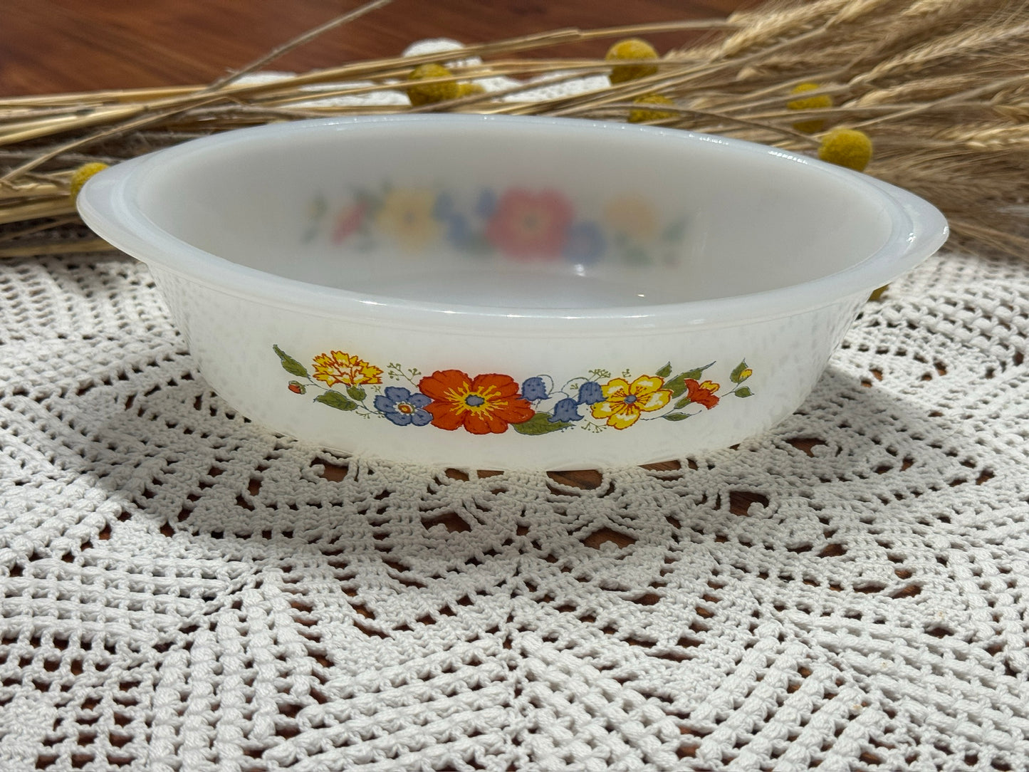 Glasbake Milk Glass Oval Floral Casserole Dish