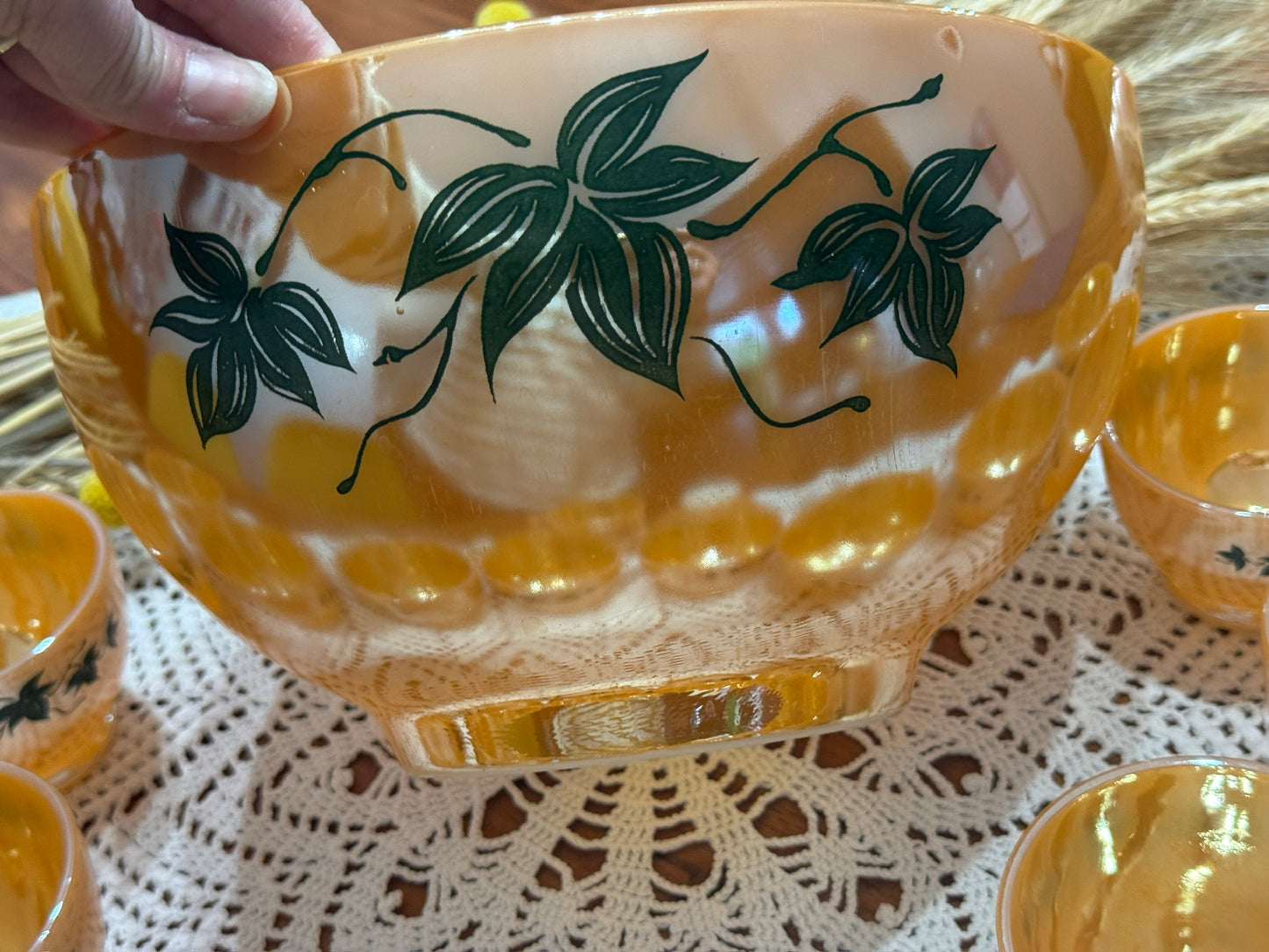 Anchor Hocking Fire-King Peach Luster 'Green Ivy' Punch Bowl Set