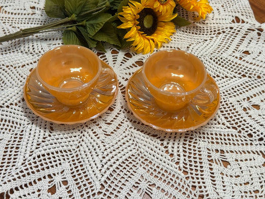 Anchor Hocking Fire King Peach Luster Swirl Demitasse Cup & Saucer