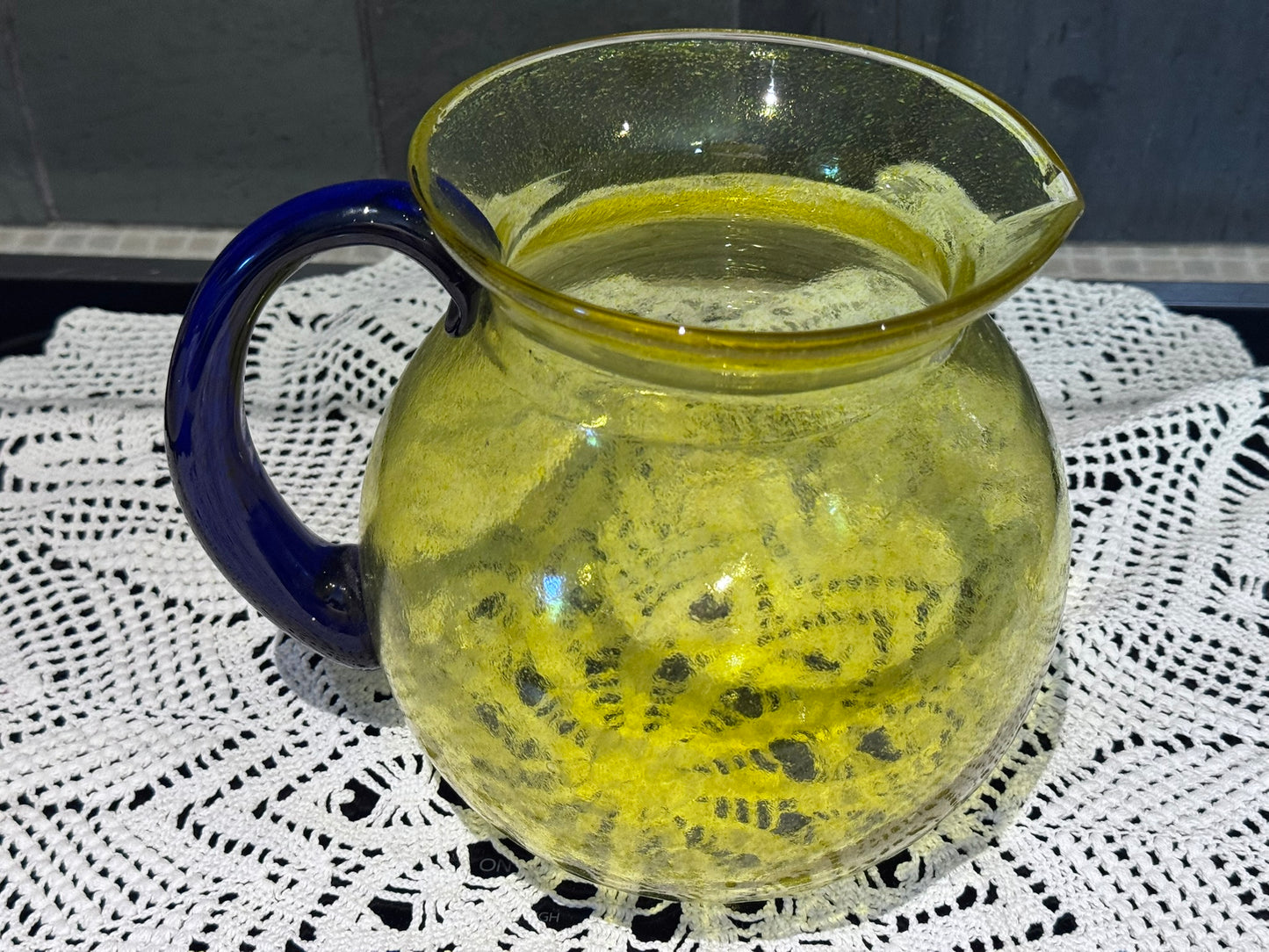 Large Art Glass Yellow & Blue Pitcher