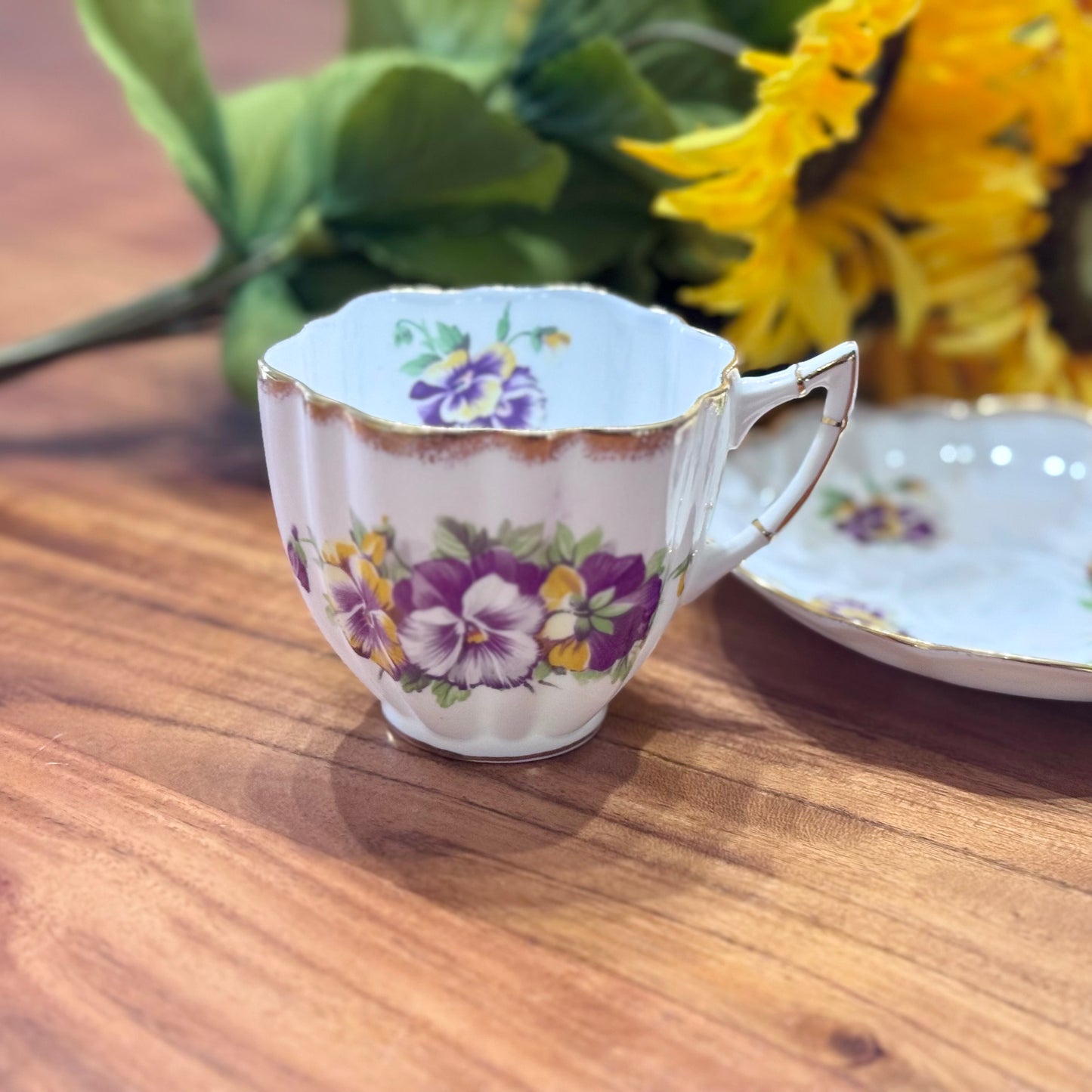 Victoria C & E Bone China Purple Pansy Teacup & Saucer Set