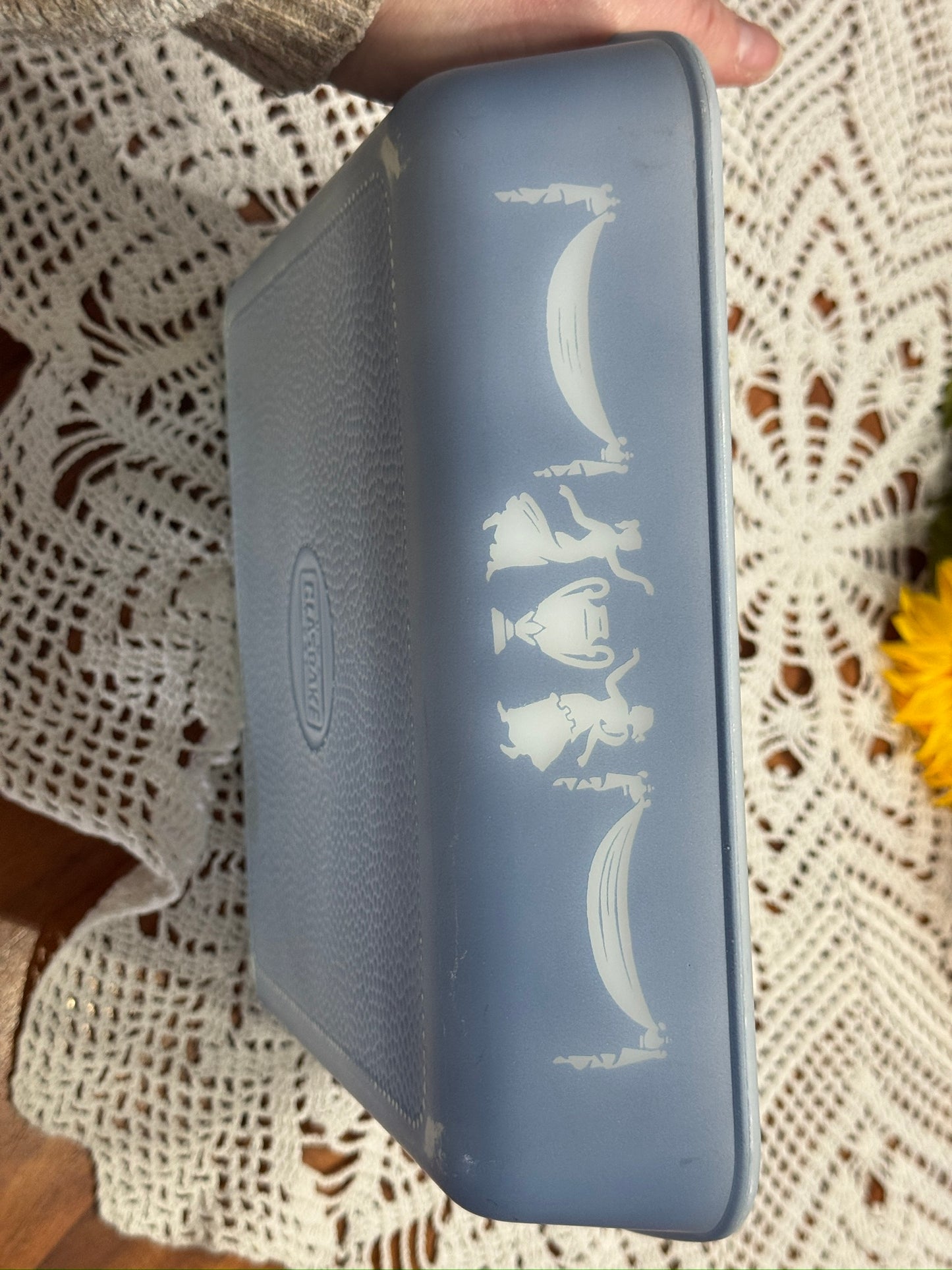 Grecian or Cameo Blue Glasbake Casserole Dish with Holder