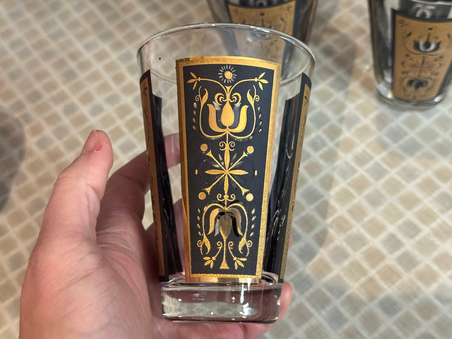 Dominion Glass Black & Gold Tulip Design Drinking Glasses (Set of 6)