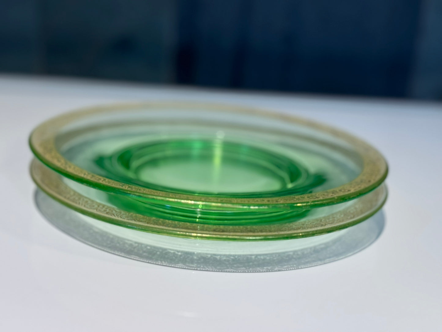 Green Depression Vaseline Uranium Glass Gold Trim Plates