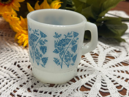 Anchor Hocking Fire King Blue Floral Milk Glass Mug