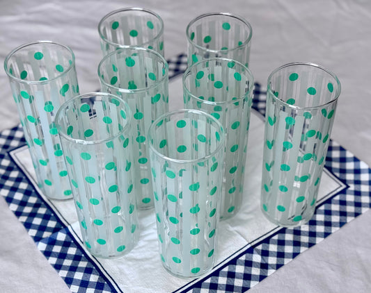 Dominion Highball Green Polka Dot with White Frosted Strip Drinking Glasses