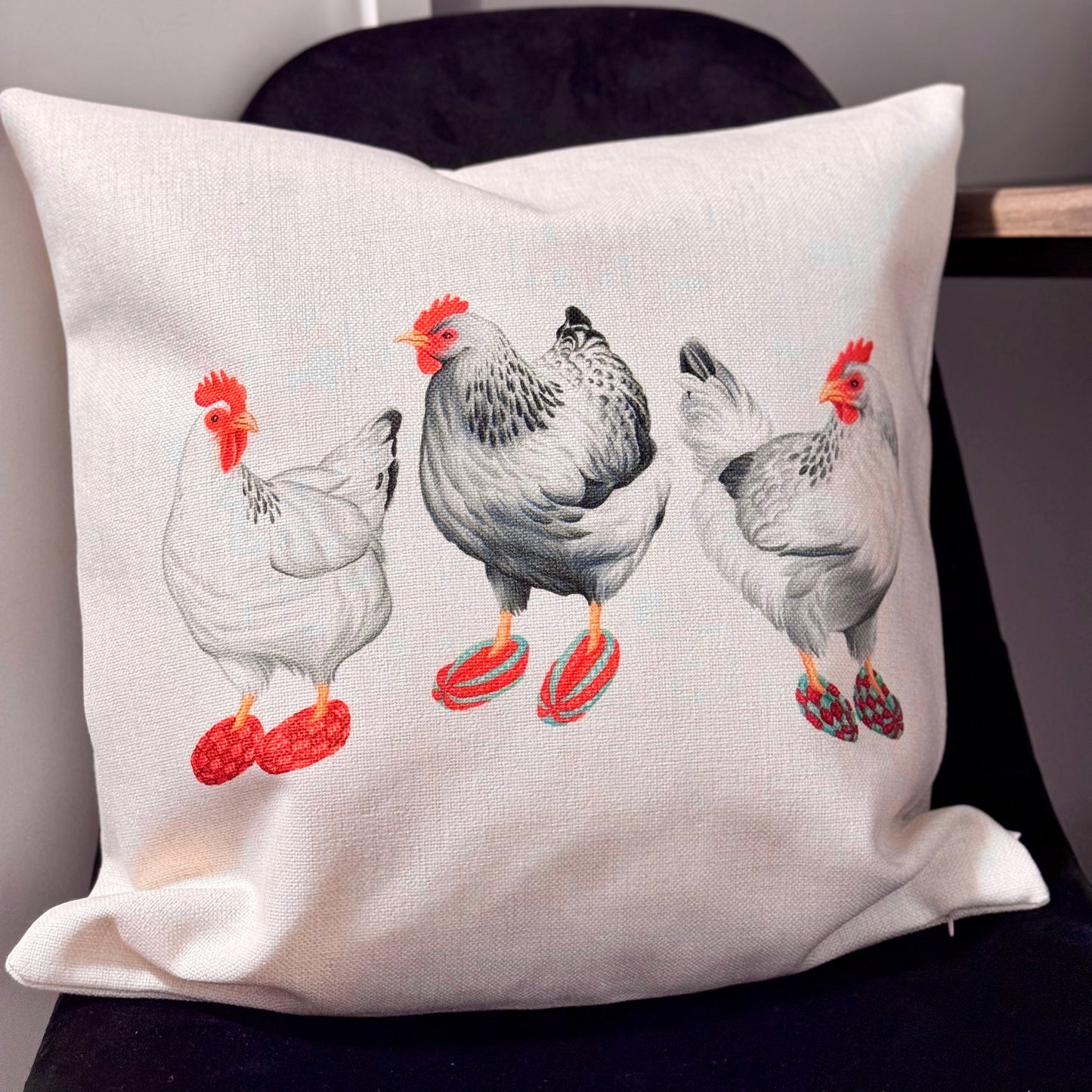 Roosters with Knitted Slippers Pillow Cover