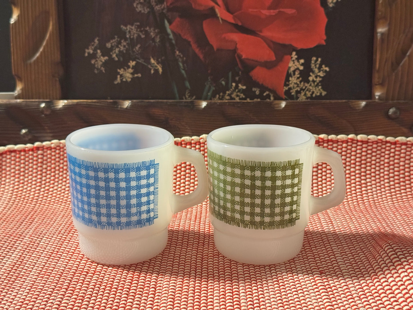 Anchor Hocking Fire-King Stackable Gingham Milk Glass Mugs