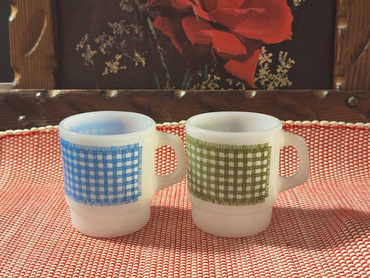 Anchor Hocking Fire-King Stackable Gingham Milk Glass Mugs