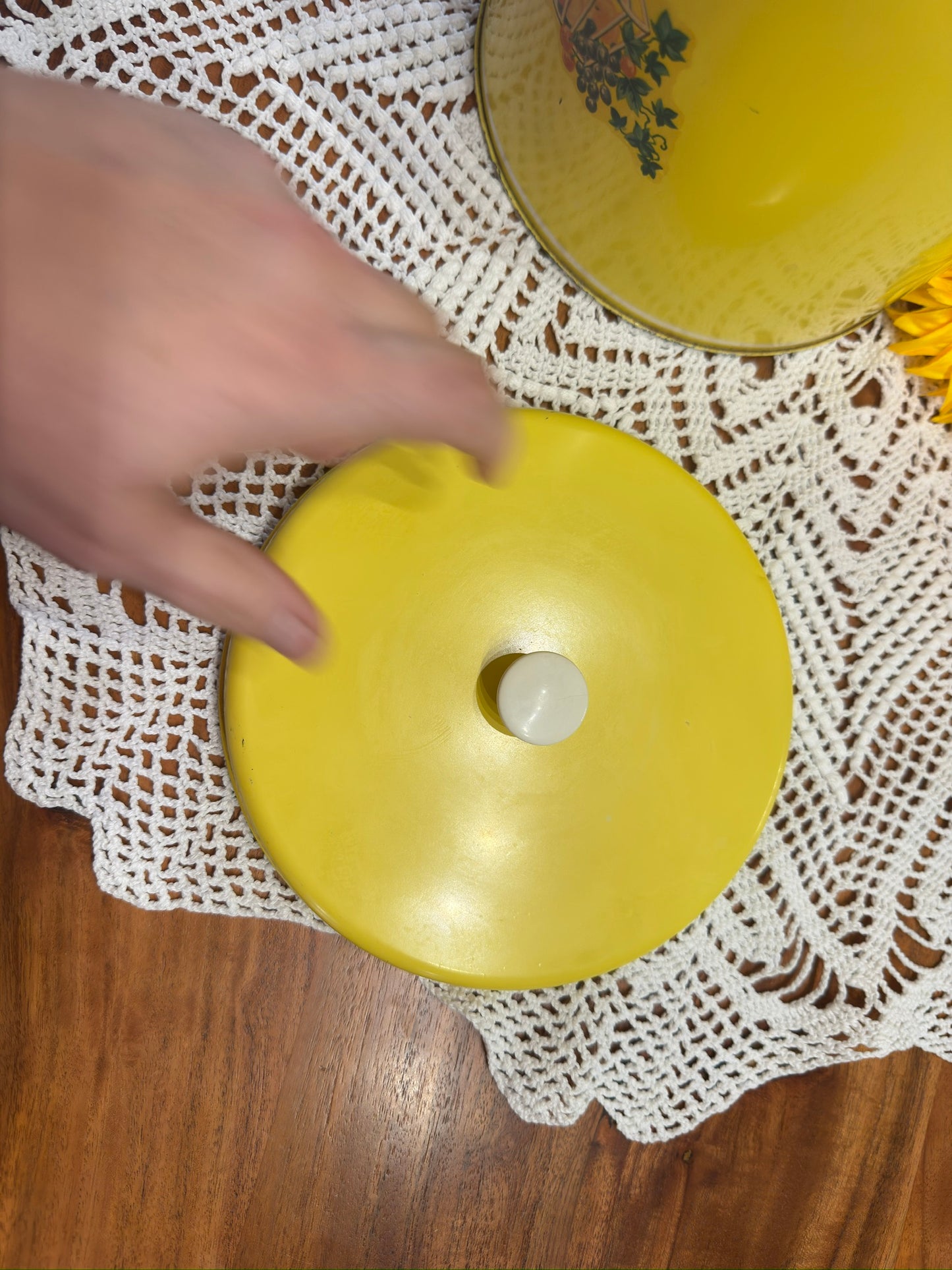Vintage Yellow Tin Canister With Fruit/Vine Motif