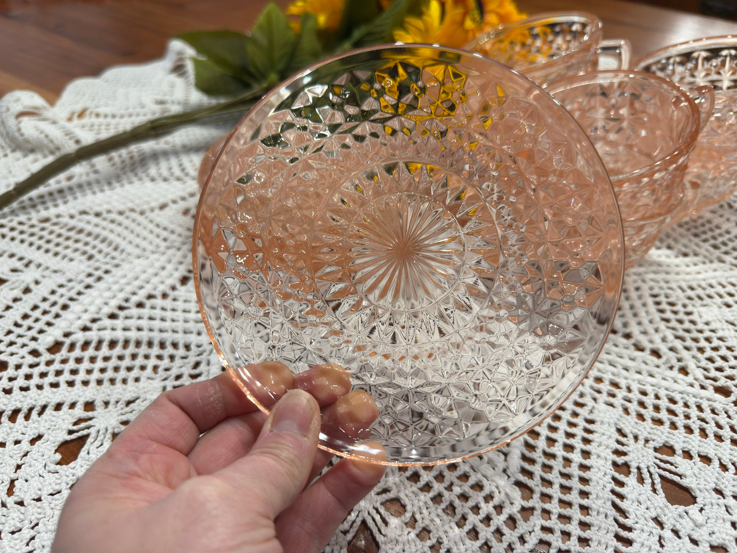 Pink Jeannette Depression Glass 'Holiday Buttons and Bows' Teacup & Saucer Set
