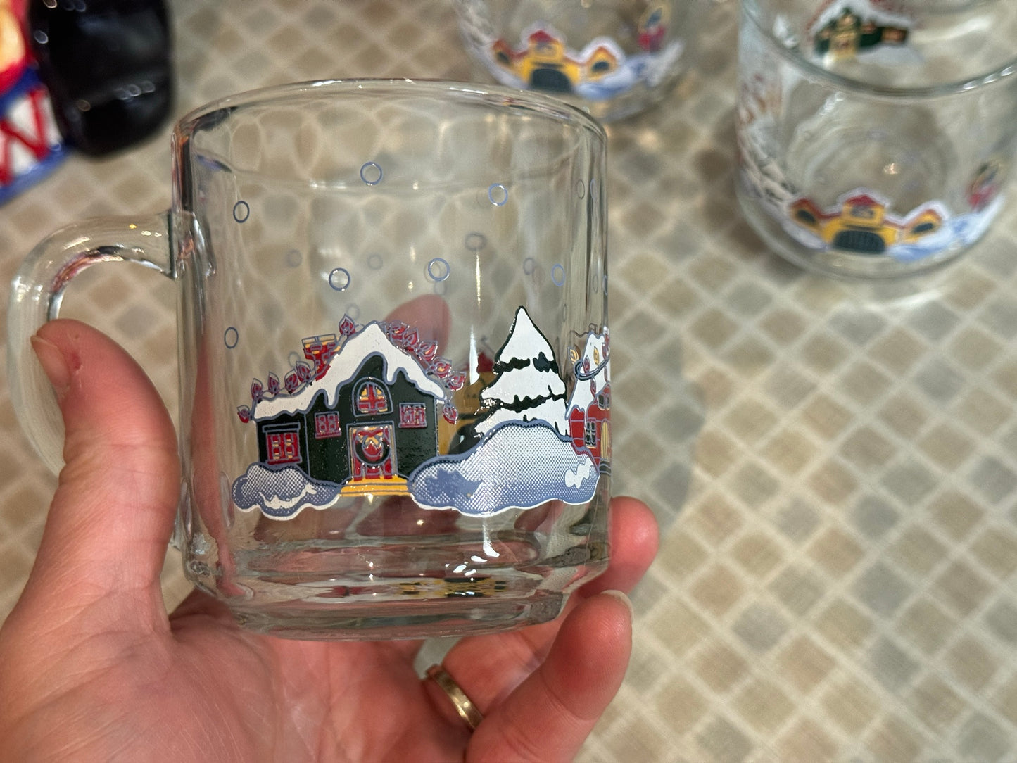 Kig Indonesia "Winter Village" Glass Handled Drinking Mugs