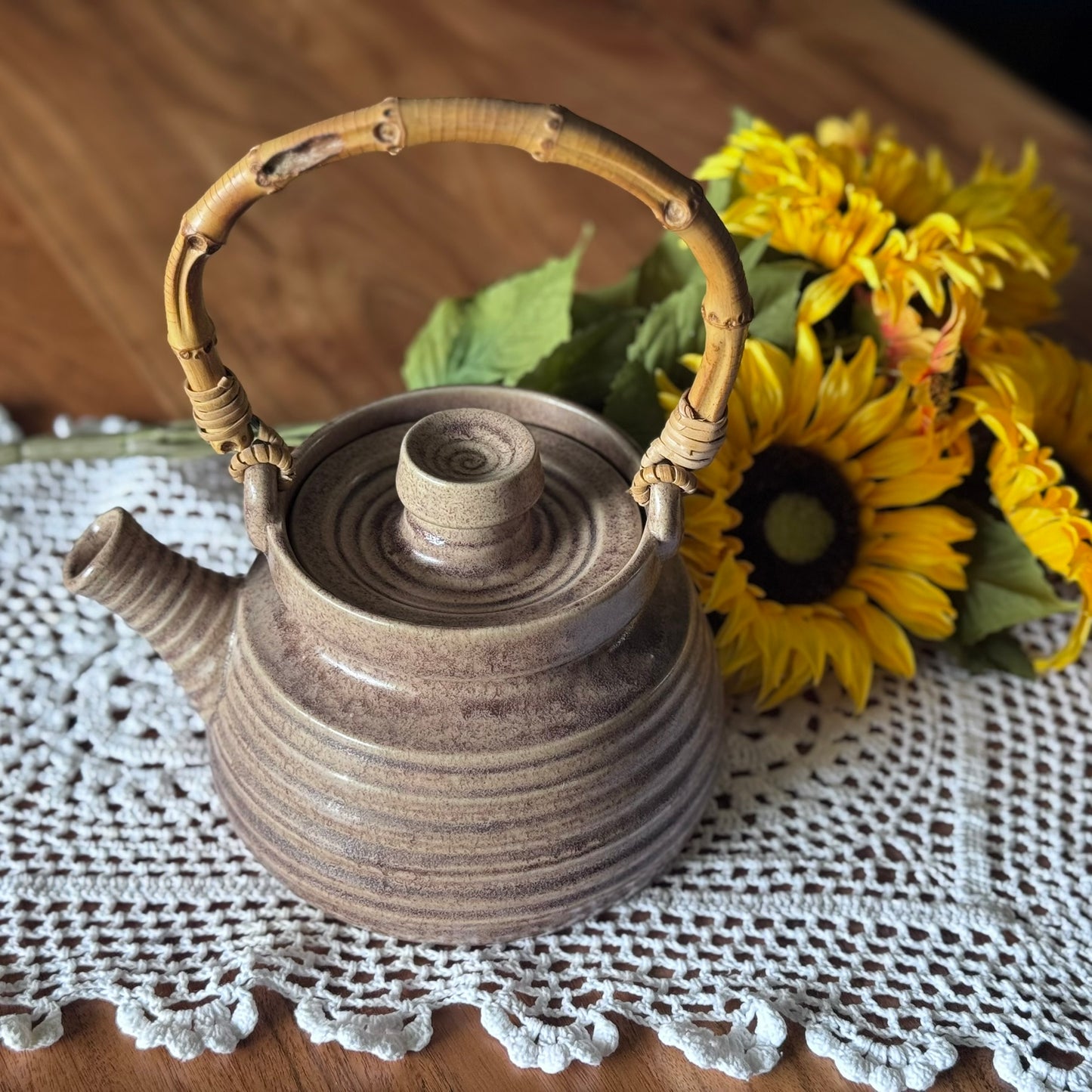 Brown Glazed Pottery & Bamboo Teapot