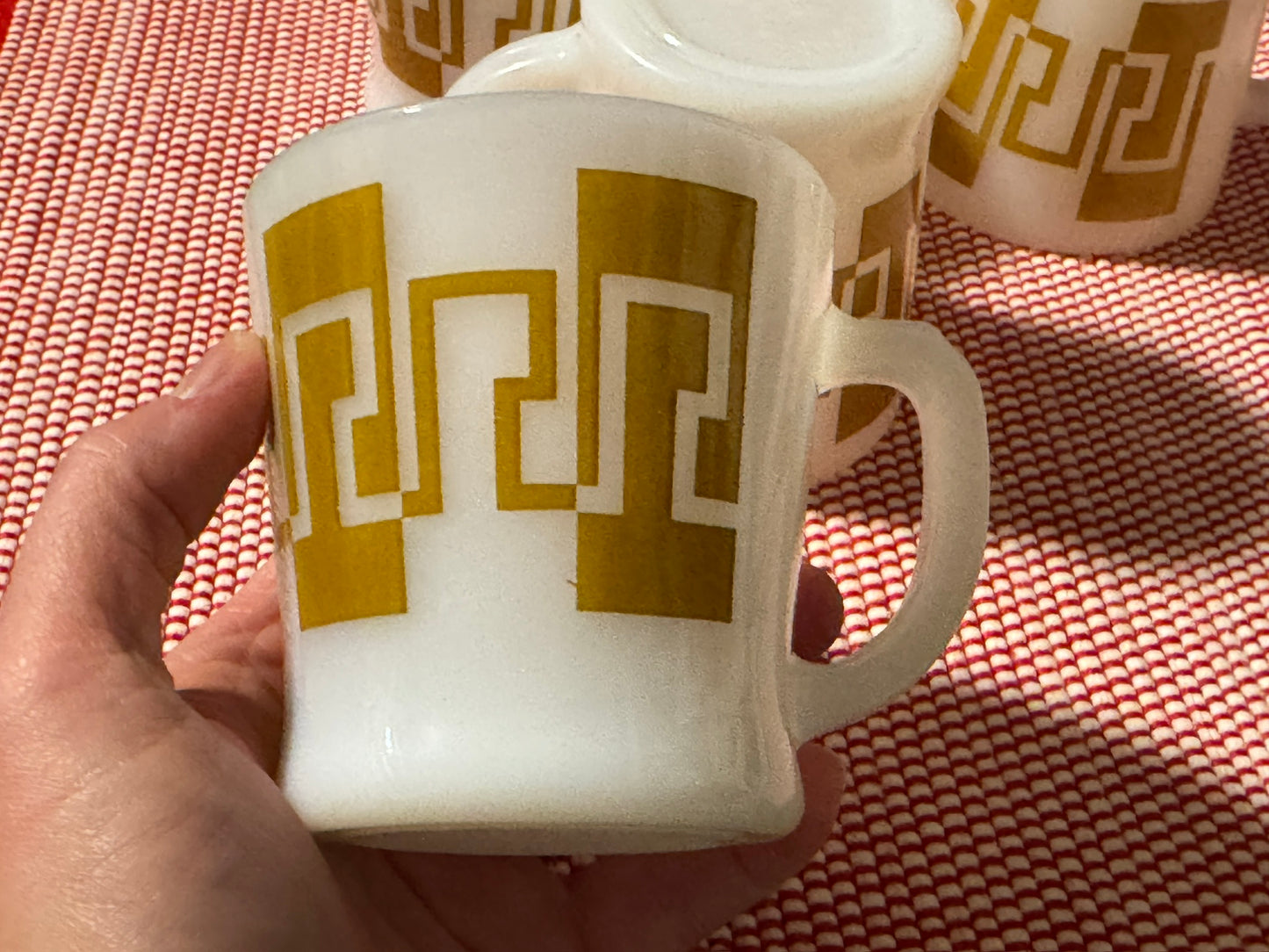 Anchor Hocking Fire-King Gold/Brown Greek Key Milk Glass Mugs