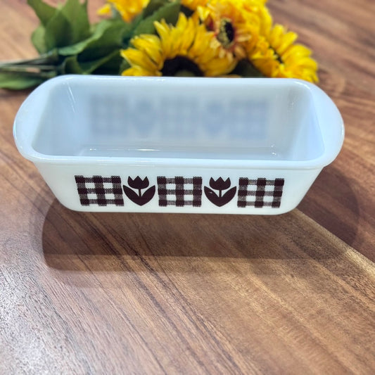 Glasbake 1.5 QT Milk Glass & Brown Tulip Loaf Pan