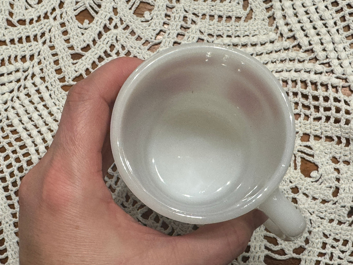 Anchor Hocking Fire-King Stackable Atomic Cloud/Flower Milk Glass Mugs