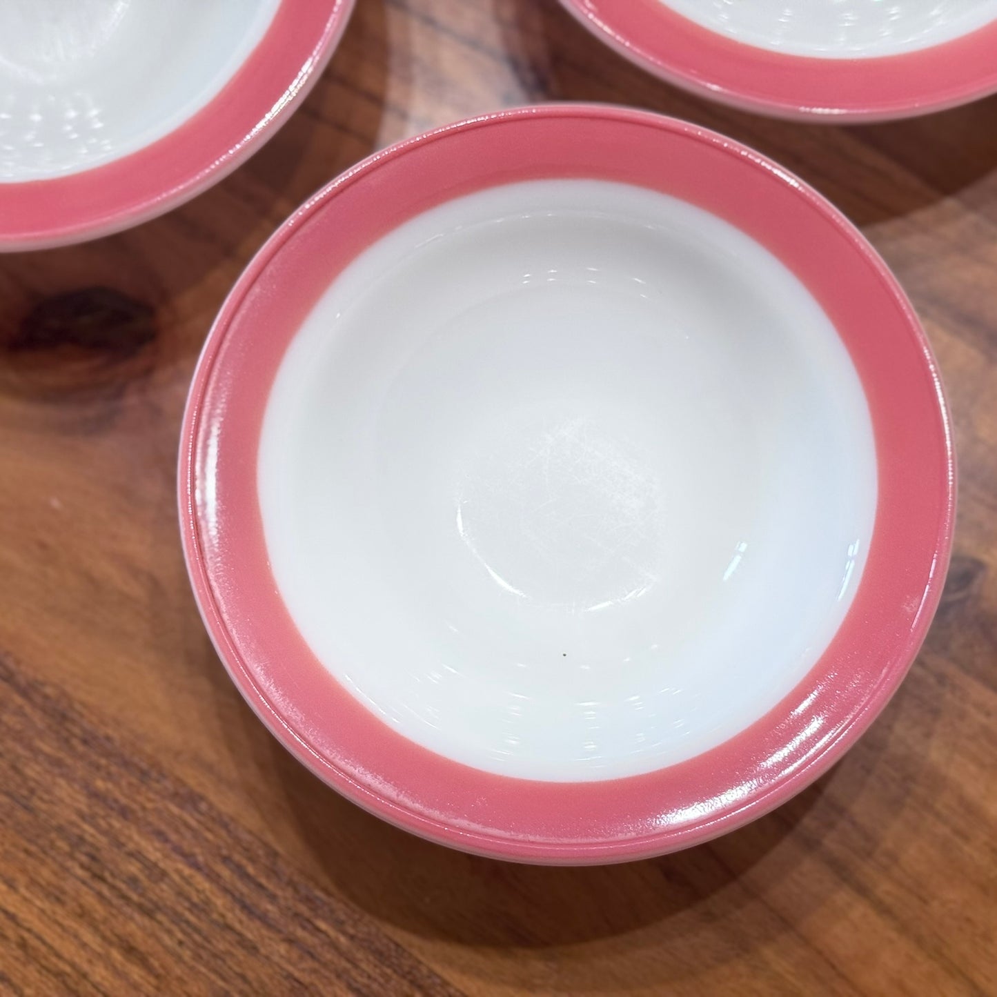 PYREX Milk Glass with Flamingo Pink Band Rim Soup Bowls
