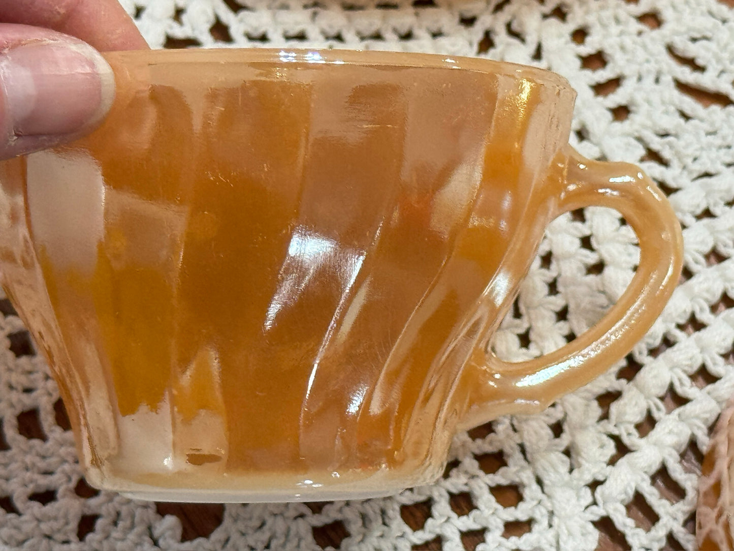 Anchor Hocking Fire King Peach Luster Swirl Demitasse Cup & Saucer