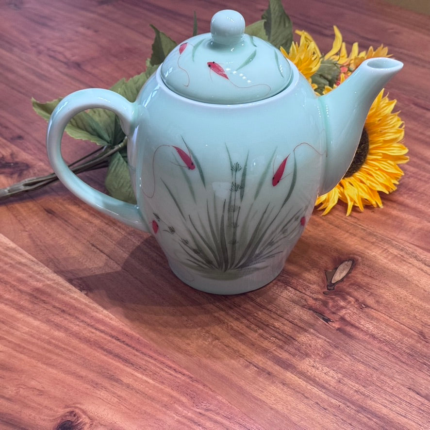 Asian Inspired Glazed Porcelain Coy/Goldfish Tea Pot