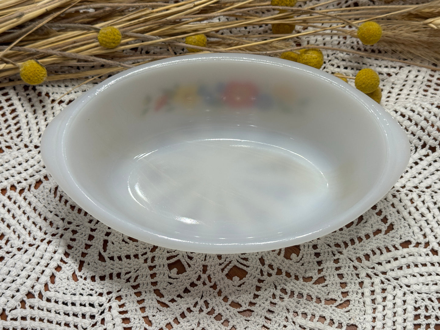 Glasbake Milk Glass Oval Floral Casserole Dish