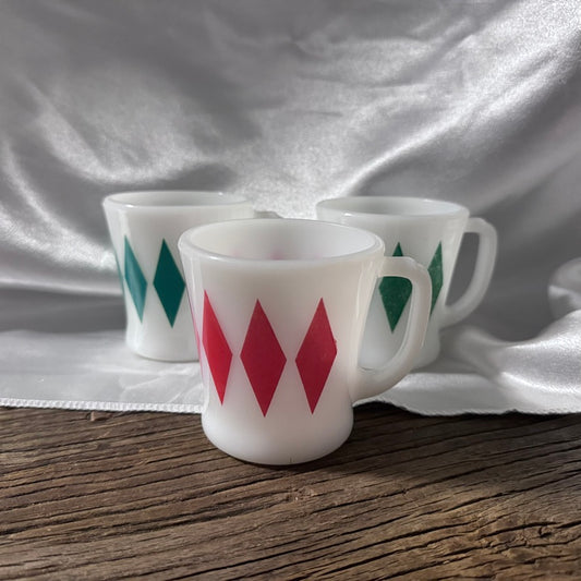 Fire King Red & Green Diamond/Harlequin Mugs