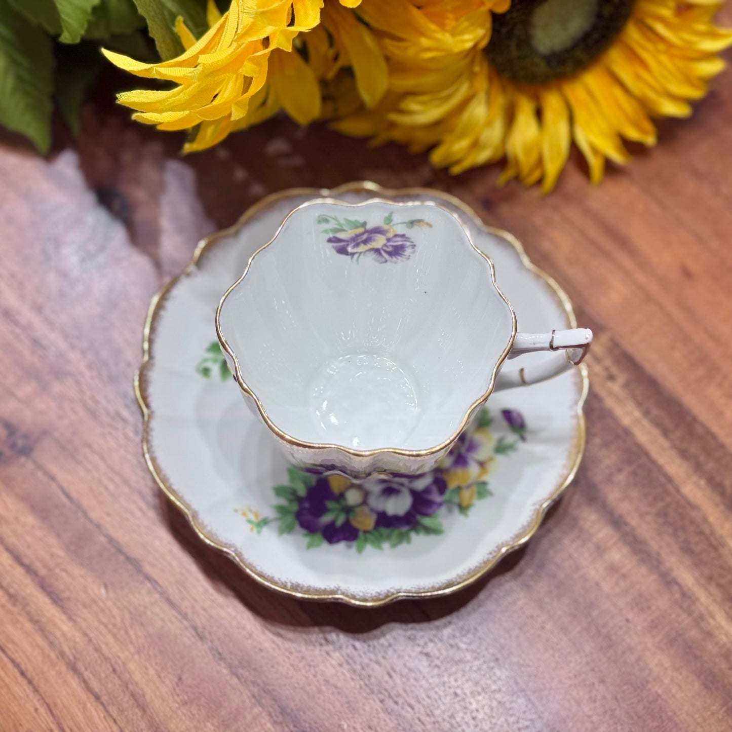 Victoria C & E Bone China Purple Pansy Teacup & Saucer Set