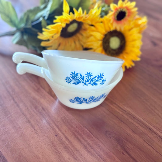 Fire-King Milk Glass Blue Cornflower Handled Soup/Cereal Bowl