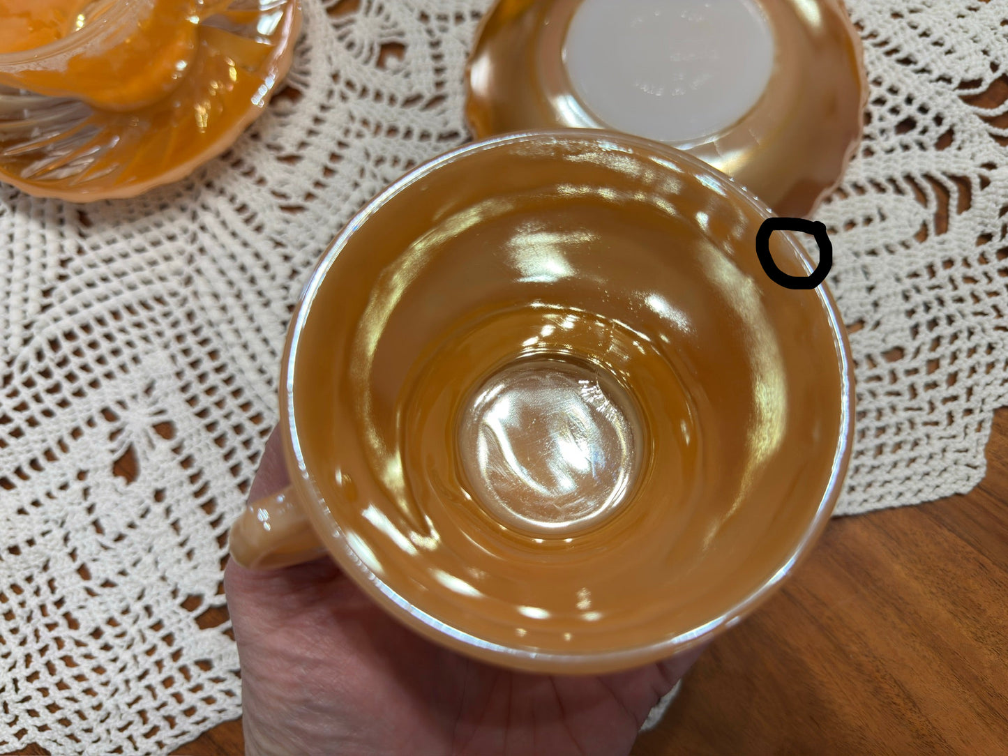 Anchor Hocking Fire King Peach Luster Swirl Demitasse Cup & Saucer