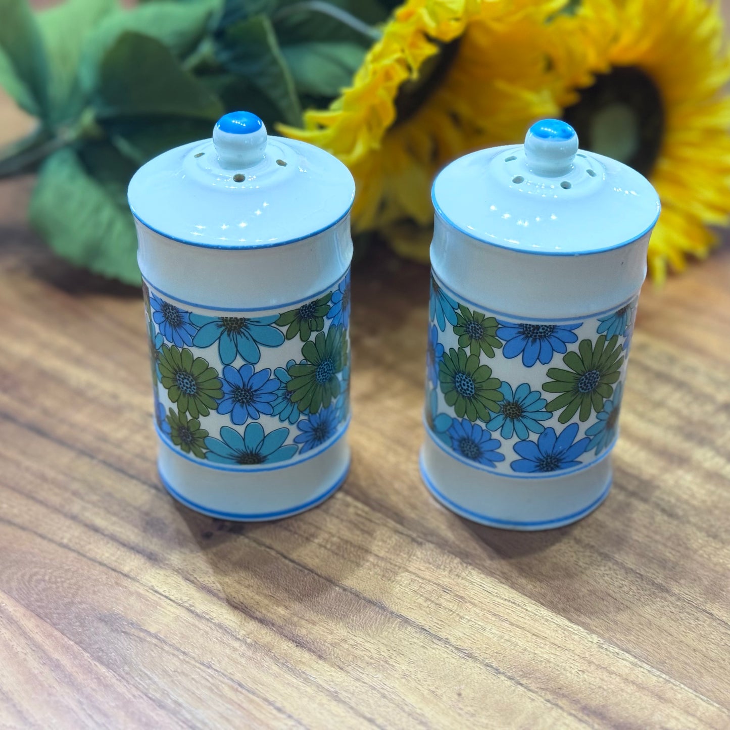 Flower Power Blue/Green/White Salt & Pepper Shakers