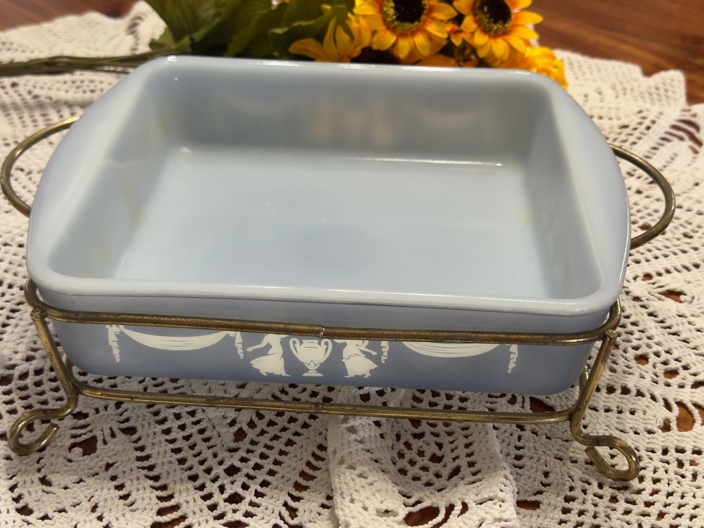 Grecian or Cameo Blue Glasbake Casserole Dish with Holder