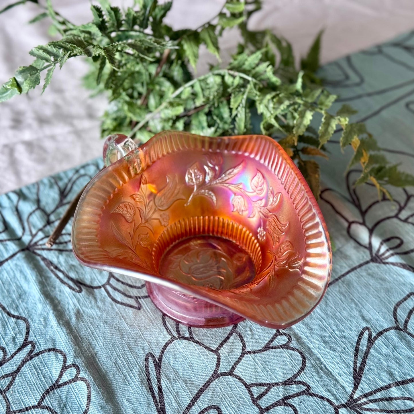 Dugan Carnival Glass Windflower Marigold Nappy Dish