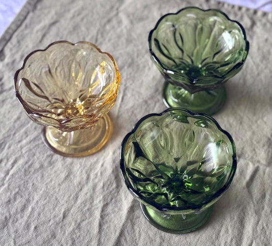 Anchor Hocking Green/Amber Glass Footed Compote Bowls