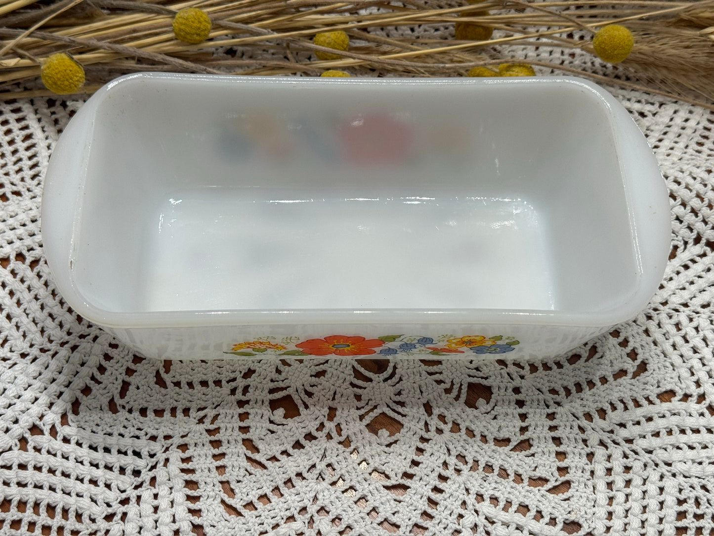 Glasbake Floral Milk Glass Loaf Pan