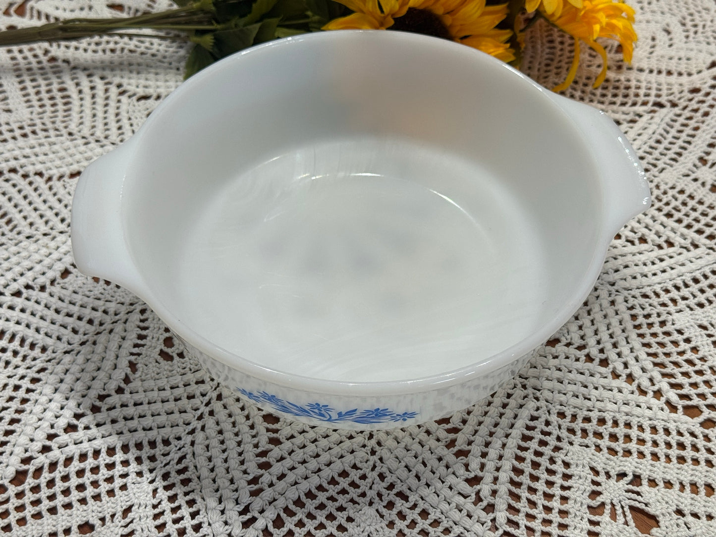 Fire-King Blue Cornflower Milk Glass Round Casserole Dish