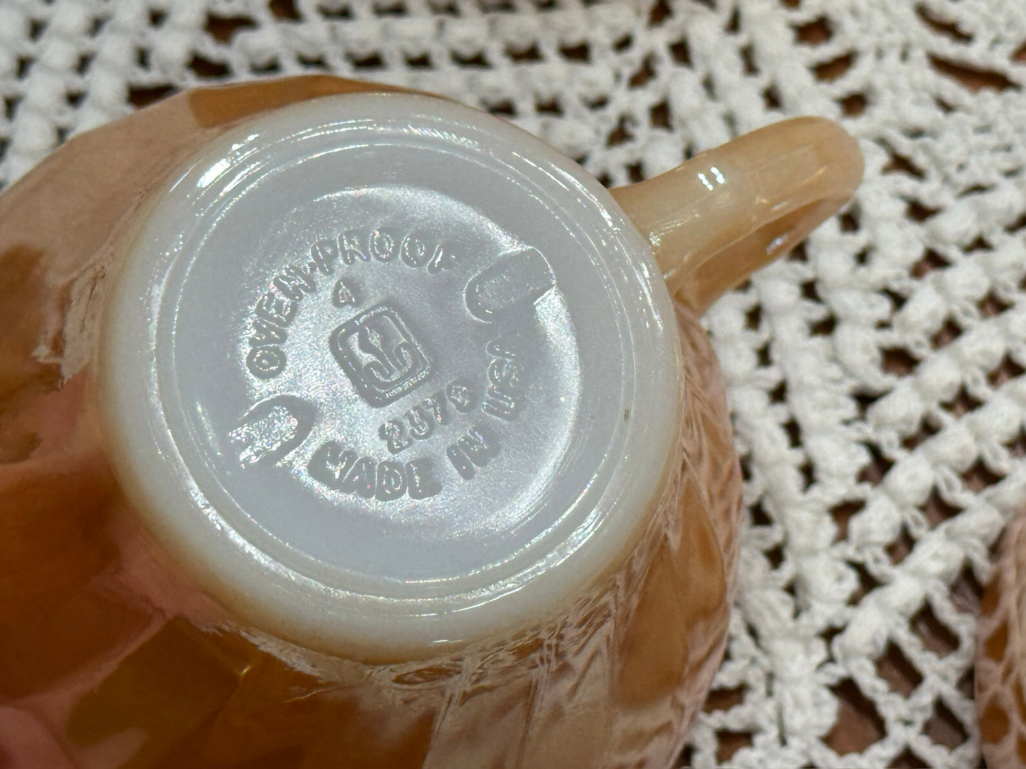 Anchor Hocking Fire King Peach Luster Swirl Demitasse Cup & Saucer