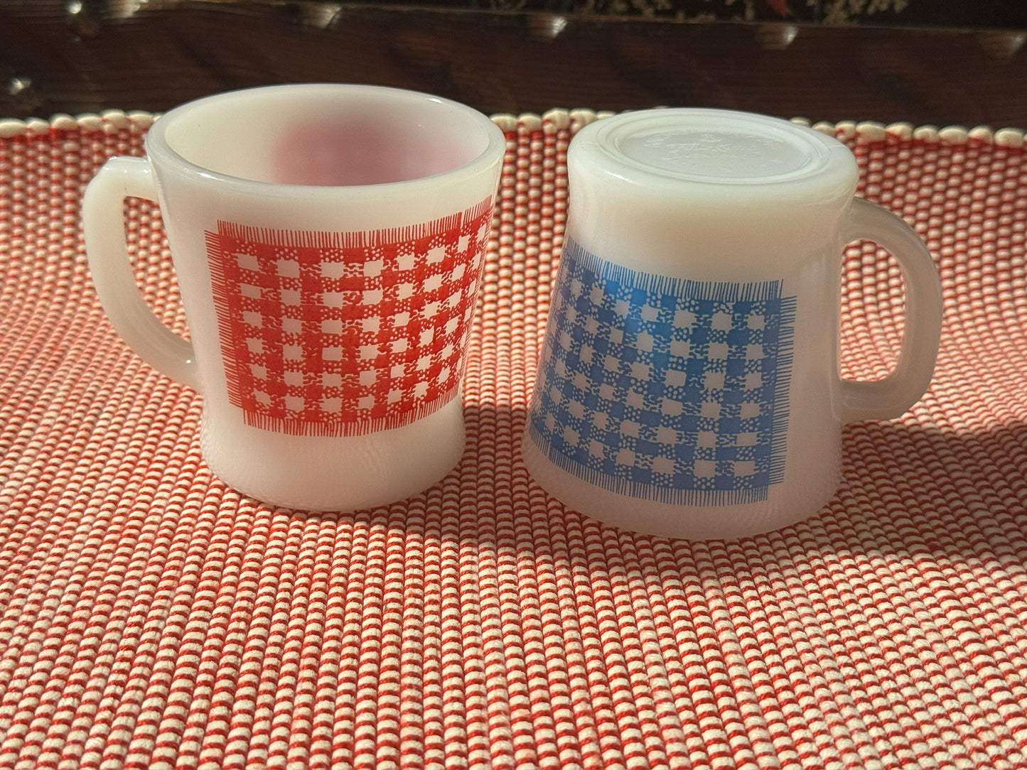 Anchor Hocking Fire-King Red/Blue Gingham Milk Glass Mugs