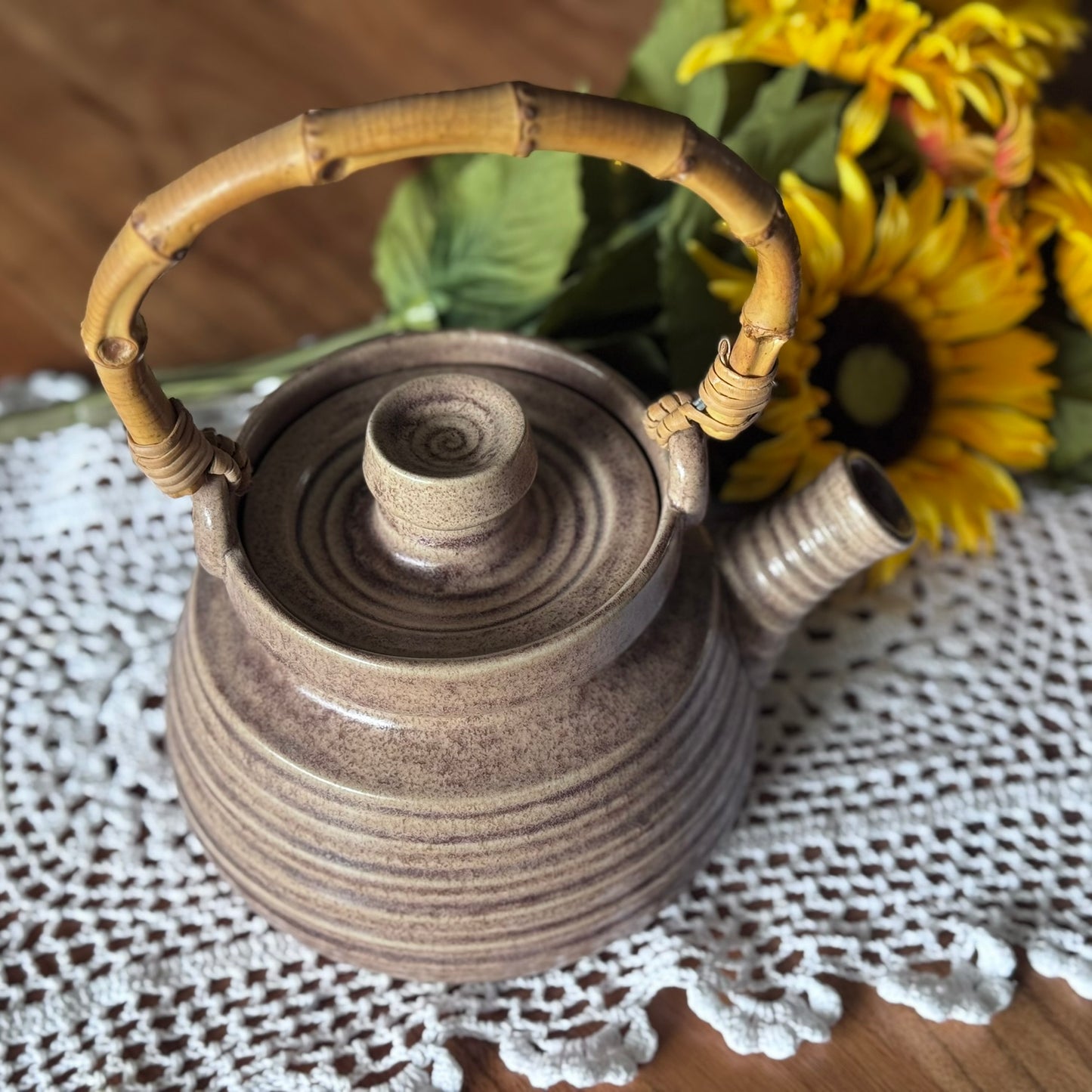Brown Glazed Pottery & Bamboo Teapot