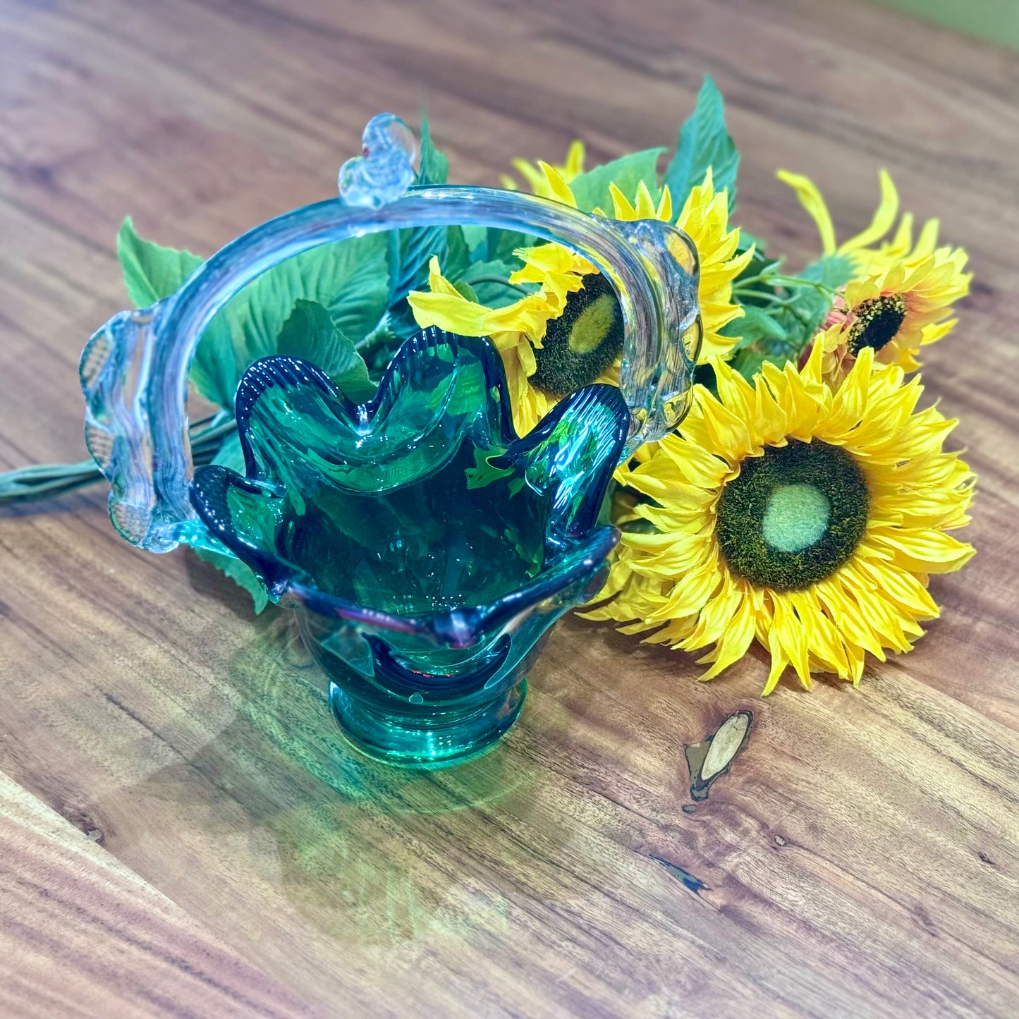 Murano Green Glass Basket Vase