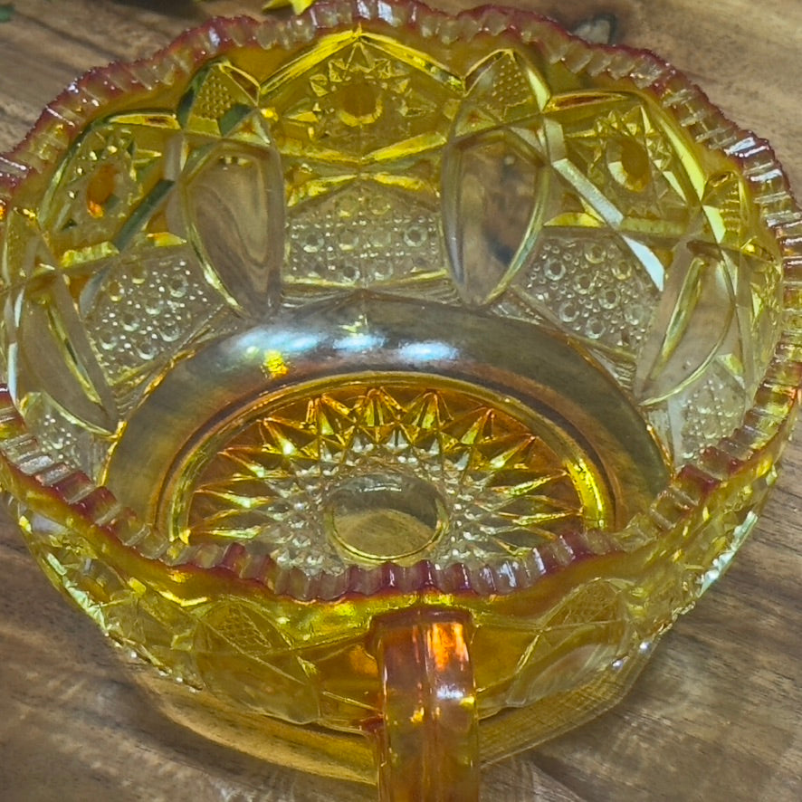 L.E. Smith Quintec Amberina Glass Handled Nappy Bowl/Candy Dish