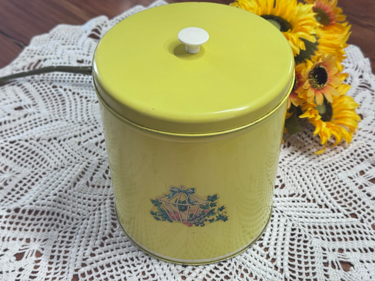 Vintage Yellow Tin Canister With Fruit/Vine Motif