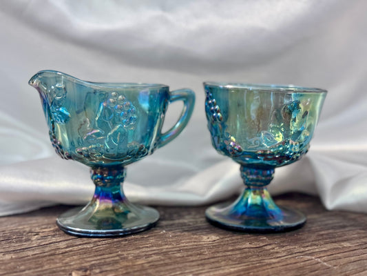 Indiana Blue Carnival Glass Harvest Grape Cream and Sugar Set